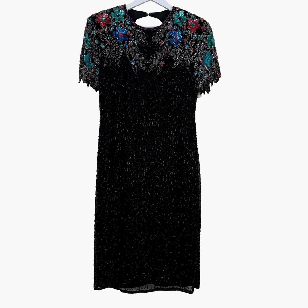 Swee Lo Vintage Beaded Silk‎ Dress Black Floral Sequin Cocktail Dress Glam Sz MP